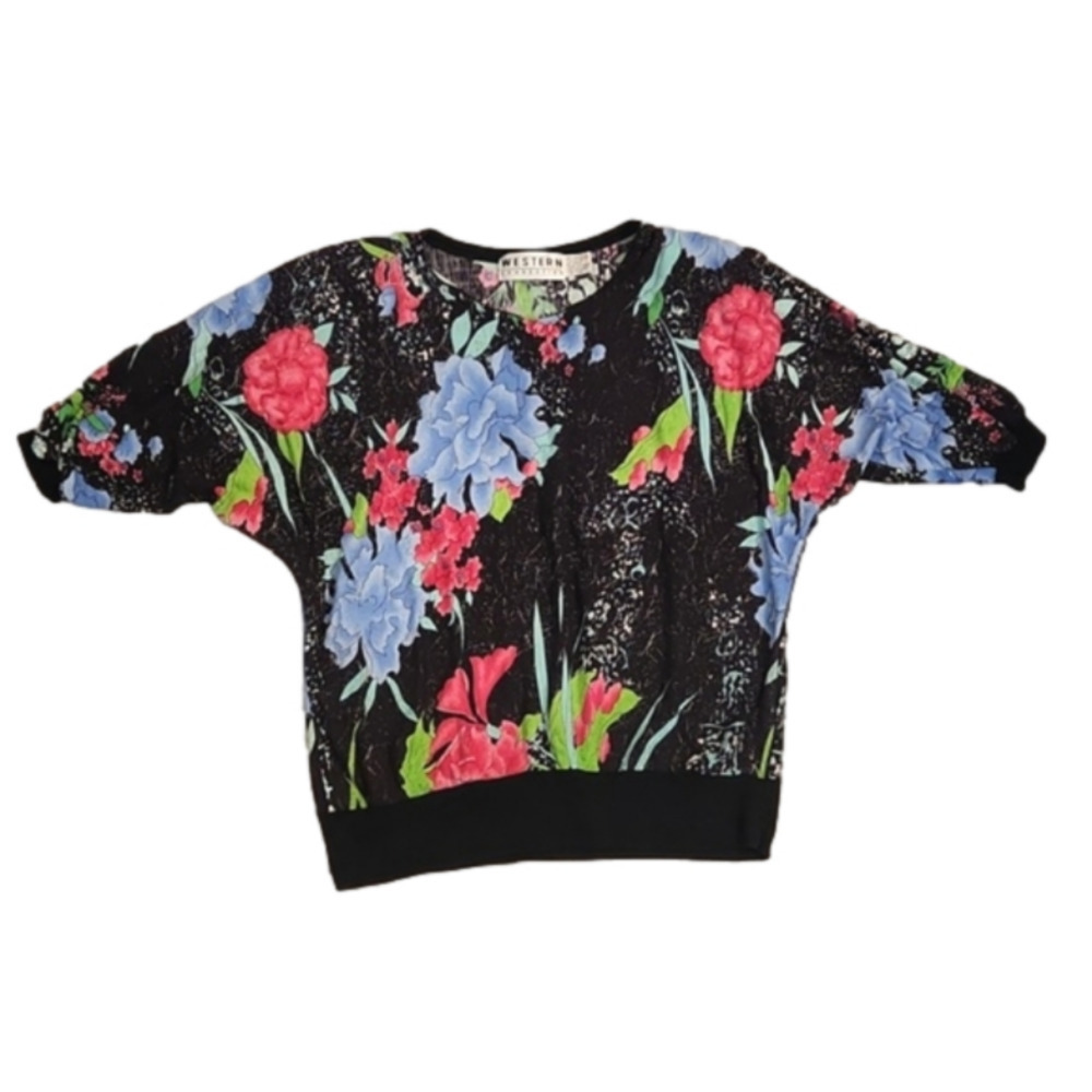 Womens Vintage Western Connection black floral quarter sleeve top size Medium. - Picture 10 of 14